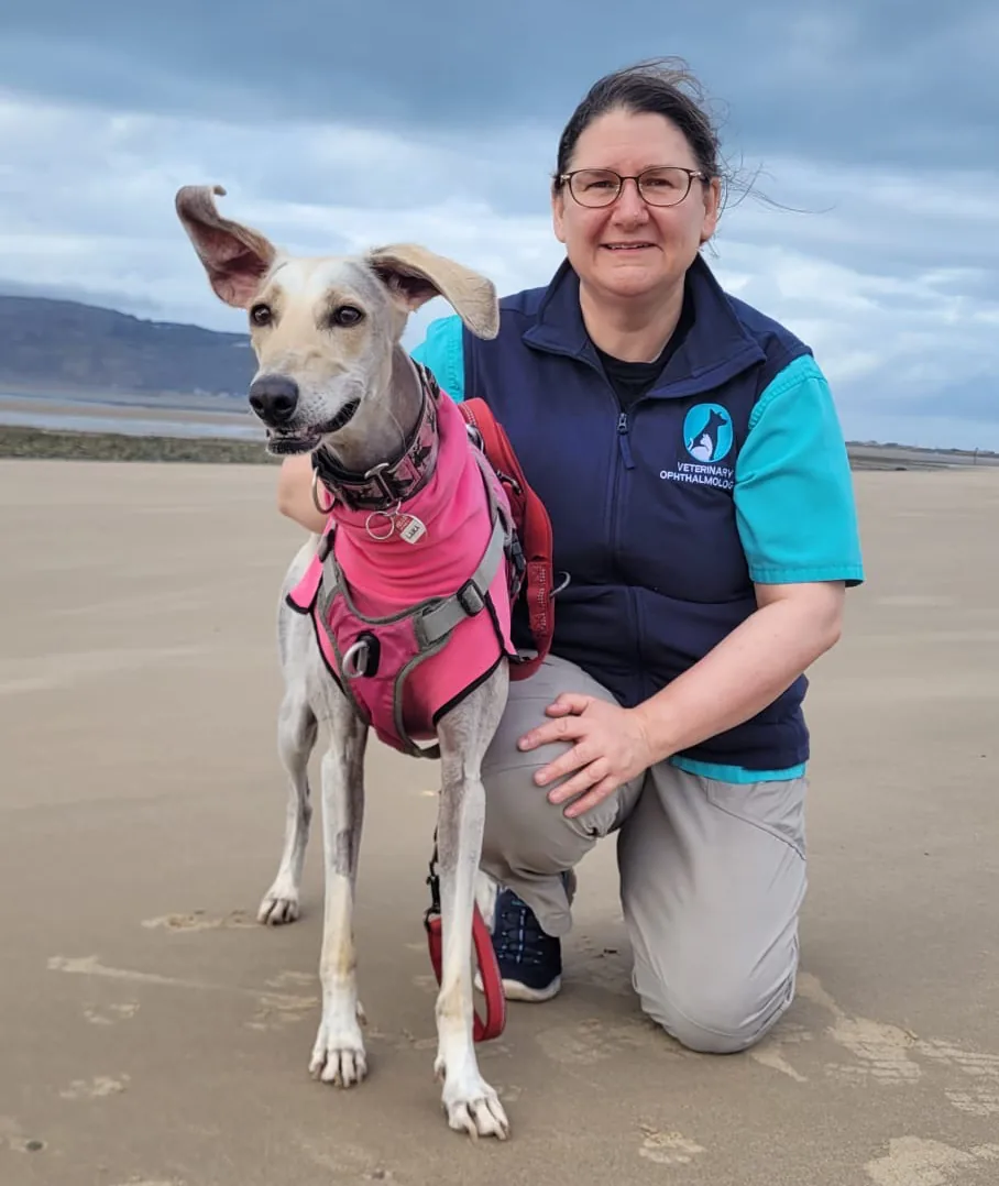 Iona Mathieson, veterinary ophthalmologist, kneeling on a beach with a lurcher